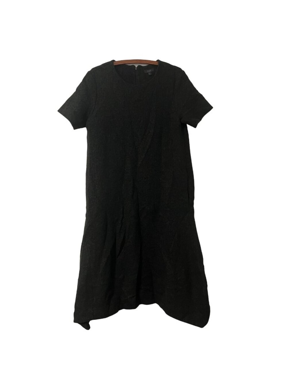 COS Black Green Textured Wool Blend Fit Flare Short Sleeve Midi Dress Size 12